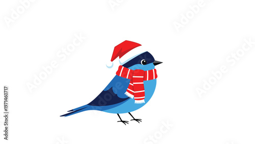 Cute blue bird wearing a festive red and white santa hat and striped scarf isolated on a plain white background.