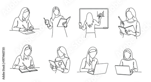 Diverse women engaged in work and study activities line art style