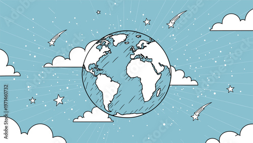Stylized hand drawn earth illustration surrounded by puffy clouds and twinkling stars with shooting stars on blue.