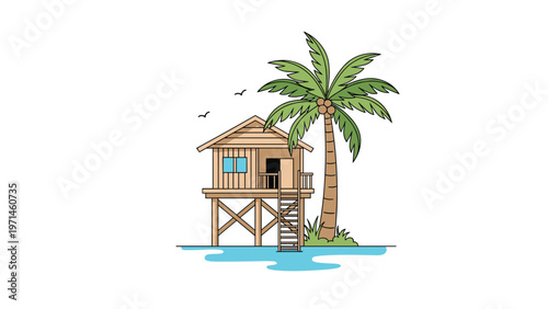 Tropical beach hut on wooden stilts next to a tall palm tree with coconuts and birds flying in a clear sky over the ocean.
