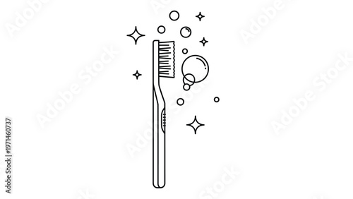 Simple black and white line art illustration of a toothbrush with bubbles and sparkles representing clean dental hygiene.