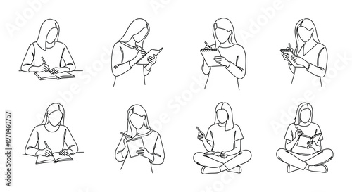 Diverse women engaged in work and study activities line art style