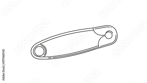 Detailed line art drawing of an open metal safety pin showing its structure and spring mechanism isolated on white.
