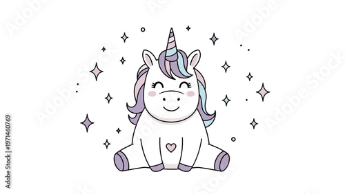 Adorable sitting unicorn character with a purple mane and horn surrounded by glittering stars and sparkles on white.