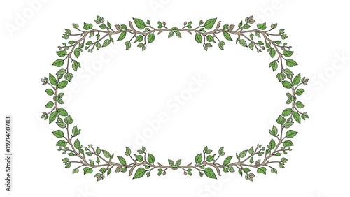 Rectangular decorative frame border made from green leafy branches and small flower buds over a plain white background.