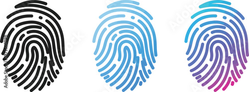 Colorful modern vector graphic illustration set of three distinct fingerprint biometric security designs for digital identity authentication technology concepts.