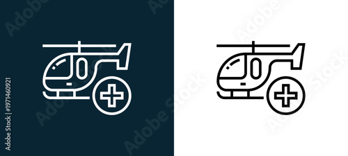 Two-color helicopter outline icon pair in black and white, editable stroke vector illustration for web, mobile apps, UI design, branding, and print from emergency