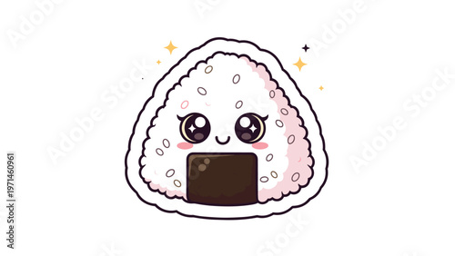 Adorable onigiri rice ball character with a happy face sparkling eyes and rosy cheeks surrounded by little stars.