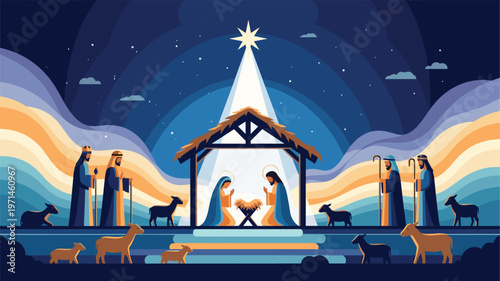Beautiful nativity scene with mary joseph and baby jesus in a manger under a bright star and colorful aurora sky.