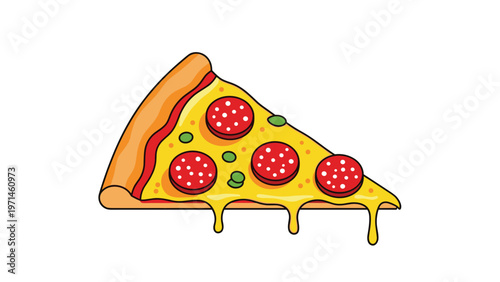 Delicious slice of italian pepperoni pizza with yellow melting cheese and green pepper toppings isolated on white.