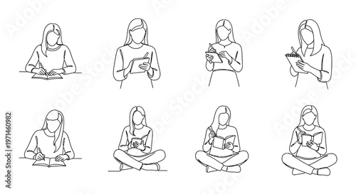 Diverse women engaged in work and study activities line art style