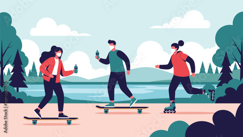 People skateboarding and rollerblading in a scenic park by a lake while wearing protective face masks in flat design.