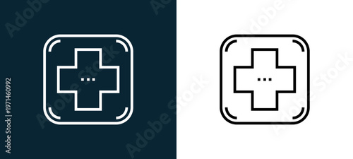 Two-color first aid kit outline icon pair in black and white, editable stroke vector illustration for web, mobile apps, UI design, branding, and print from emergency