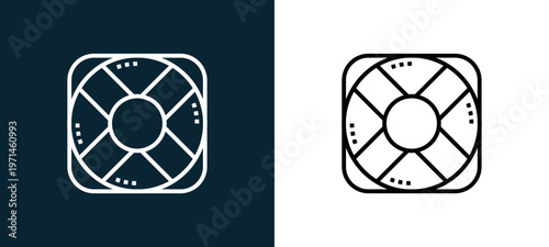 Two-color lifebuoy outline icon pair in black and white, editable stroke vector illustration for web, mobile apps, UI design, branding, and print from emergency