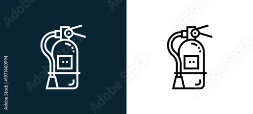 Two-color fire extinguisher outline icon pair in black and white, editable stroke vector illustration for web, mobile apps, UI design, branding, and print from emergency