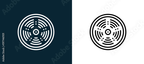 Two-color smoke detector outline icon pair in black and white, editable stroke vector illustration for web, mobile apps, UI design, branding, and print from emergency