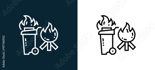 Two-color combustible outline icon pair in black and white, editable stroke vector illustration for web, mobile apps, UI design, branding, and print from emergency
