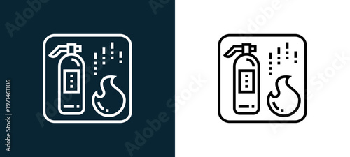 Two-color extinguisher outline icon pair in black and white, editable stroke vector illustration for web, mobile apps, UI design, branding, and print from emergency