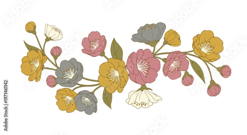 Delicate floral arrangement with blooming flowers and buds in muted pastel colors on a white background