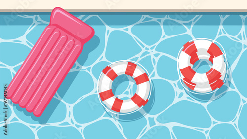 Top down view of a bright blue swimming pool containing a pink inflatable mattress and two red and white life rings.
