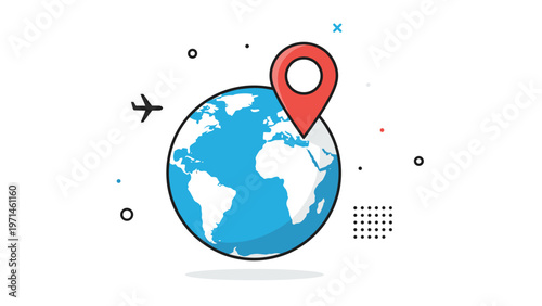 Blue earth globe is marked with a large red location pin and surrounded by various travel icons like an airplane and dots.