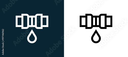 Two-color leak outline icon pair in black and white, editable stroke vector illustration for web, mobile apps, UI design, branding, and print from home automation
