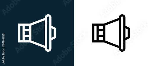 Two-color megaphone outline icon pair in black and white, editable stroke vector illustration for web, mobile apps, UI design, branding, and print from home automation
