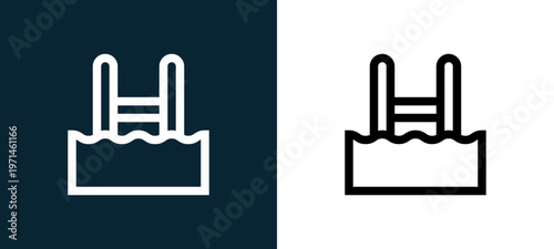 Two-color pool outline icon pair in black and white, editable stroke vector illustration for web, mobile apps, UI design, branding, and print from home automation