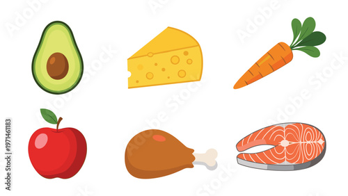 Healthy food selection includes an avocado, a wedge of cheese, a carrot, a red apple, a chicken drumstick, and a salmon steak.