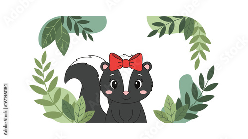 Adorable baby skunk character with a large red bow on its head is framed by green leaves and abstract soft shapes.
