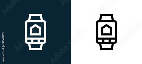 Two-color smartwatch outline icon pair in black and white, editable stroke vector illustration for web, mobile apps, UI design, branding, and print from home automation