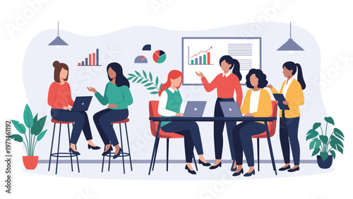 Professional women collaborate in a modern office space equipped with laptops, data charts, and comfortable seating.