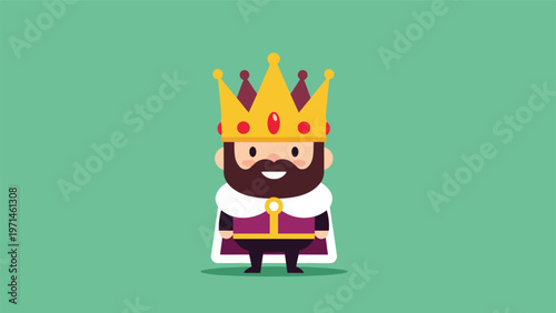 Cute cartoon king with a thick brown beard wears a golden crown and a purple royal cape on a solid green background.