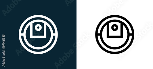 Two-color vacuum cleaner outline icon pair in black and white, editable stroke vector illustration for web, mobile apps, UI design, branding, and print from home automation