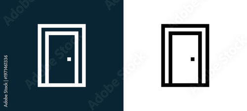 Two-color door outline icon pair in black and white, editable stroke vector illustration for web, mobile apps, UI design, branding, and print from home automation