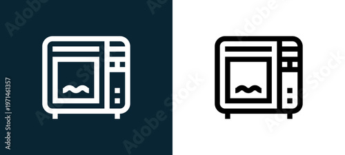 Two-color oven outline icon pair in black and white, editable stroke vector illustration for web, mobile apps, UI design, branding, and print from home automation