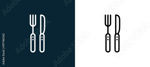Two-color cutlery outline icon pair in black and white, editable stroke vector illustration for web, mobile apps, UI design, branding, and print from gastronomy
