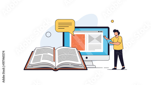 Person stands next to a computer monitor and a large open book to represent digital and traditional learning or research.