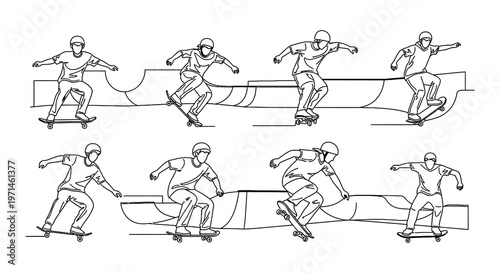 Skateboarders performing tricks on various ramps in a linear style