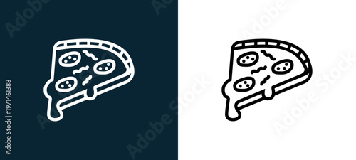 Two-color pizza outline icon pair in black and white, editable stroke vector illustration for web, mobile apps, UI design, branding, and print from gastronomy