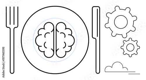 Healthy choices, cognitive thinking, creativity, education, brainstorming, innovation. Brain symbol on a plate with cutlery, gears and a cloud. Healthy choices and cognitive thinking concept