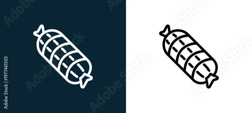 Two-color ham outline icon pair in black and white, editable stroke vector illustration for web, mobile apps, UI design, branding, and print from gastronomy