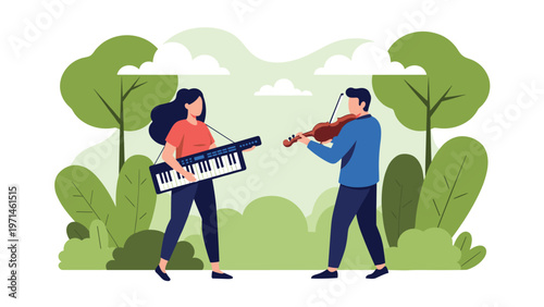 Musical duo consisting of a woman playing a keyboard and a man playing a violin perform together in a lush park.
