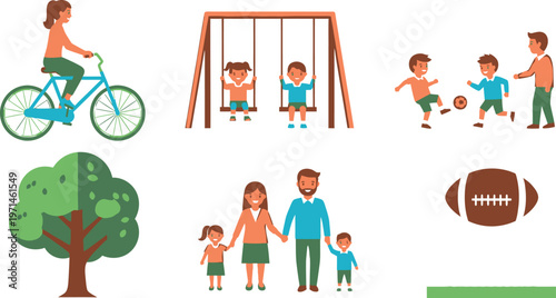 Cartoon sports icon set featuring football players vector illustration with kids men and women playing football in a fun group collection of people sports icons set