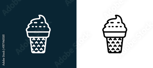 Two-color ice cream outline icon pair in black and white, editable stroke vector illustration for web, mobile apps, UI design, branding, and print from gastronomy