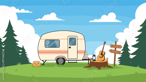 Classic camper trailer parked in a green meadow with trees and mountains under a blue sky for camping adventures.