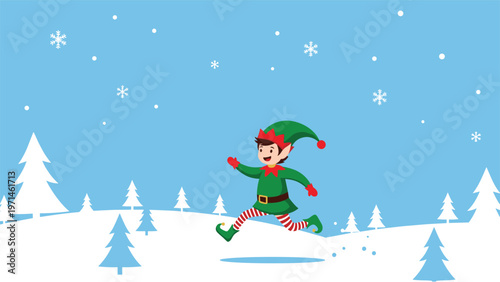 Happy Christmas elf wearing green clothes and a hat jumping through a snowy forest with pine trees and falling snowflakes.
