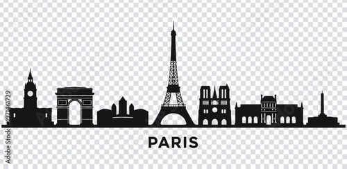 Vector illustration black silhouette of paris city skyline with famous landmarks