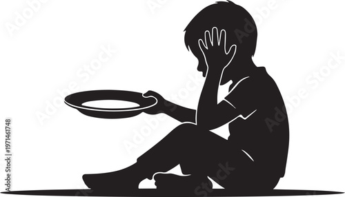 Silhouette of a poor child sitting with hand on head holding an empty plate, concept of global hunger and world food crisis.