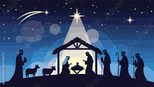 Silhouette of a nativity scene with Mary, Joseph, baby Jesus, the three wise men, and animals under a bright star at night.